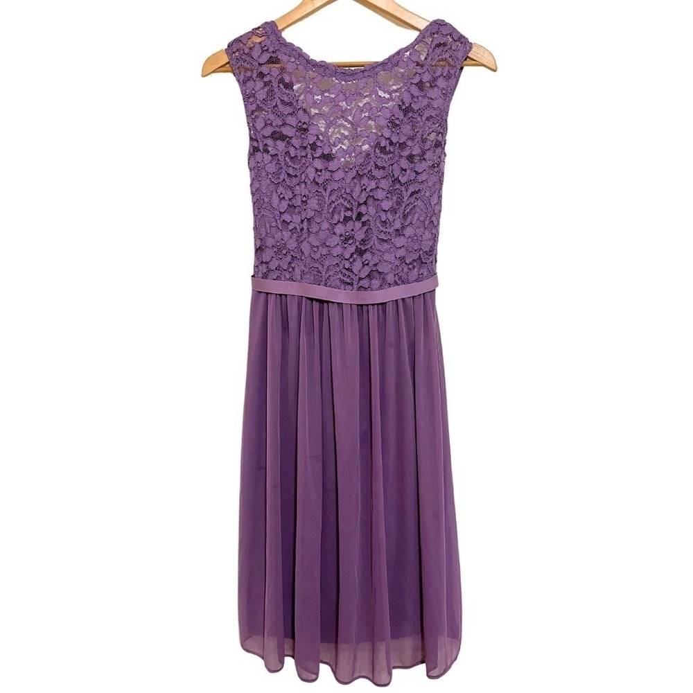 David's Bridal Wisteria Purple Lace Bodice Chiffon A-Line Midi Dress – Sz 2